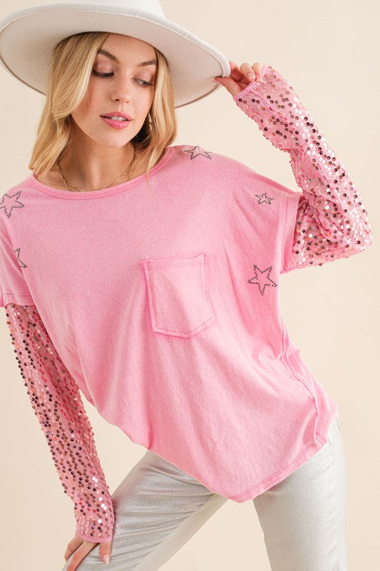 Lucky Star Sequin Top - Pink-Avah