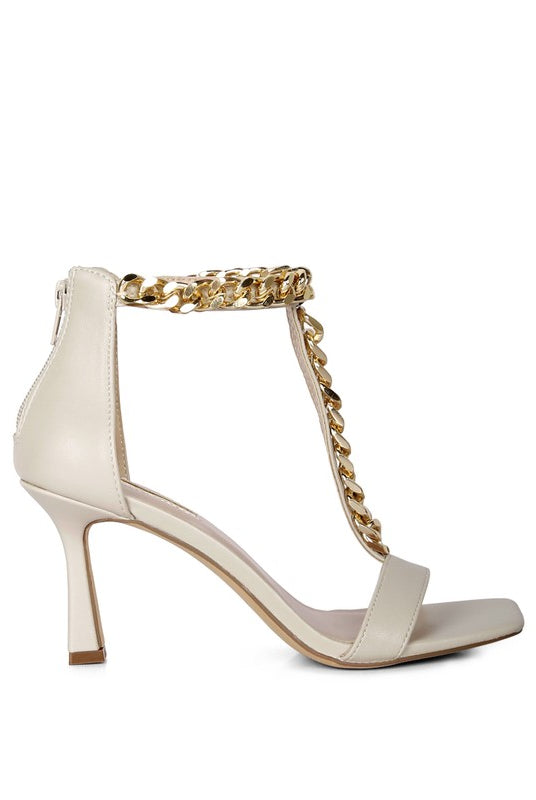  T-strap With Chain Mid Heel Sandal-Taupe-Avah Couture