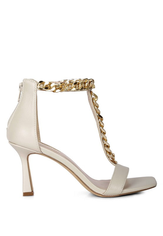  T-strap With Chain Mid Heel Sandal-Taupe-Avah Couture