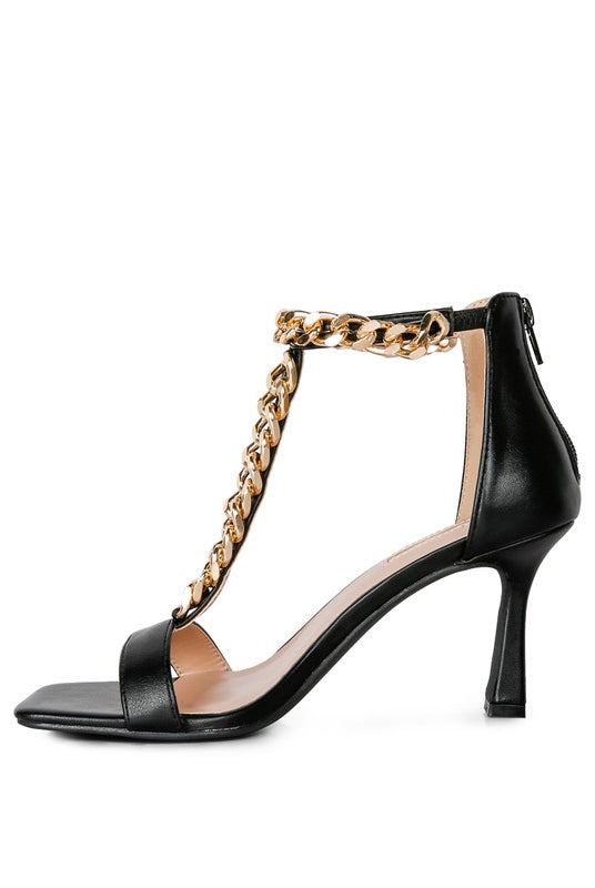  T-strap With Chain Mid Heel Sandal-Black-Avah Couture