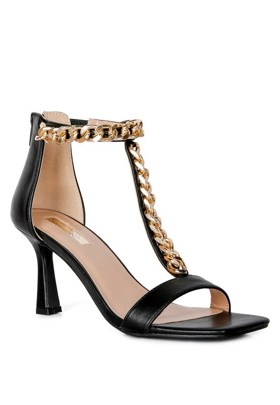  T-strap With Chain Mid Heel Sandal-Black-Avah Couture