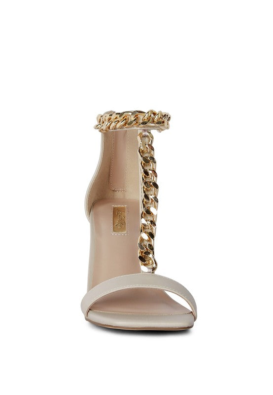  T-strap With Chain Mid Heel Sandal-Taupe-Avah Couture