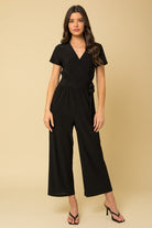 AVAH-Chic Noir Surplice Neck Cropped Jumpsuit-Black