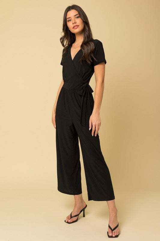 AVAH-Chic Noir Surplice Neck Cropped Jumpsuit-Black