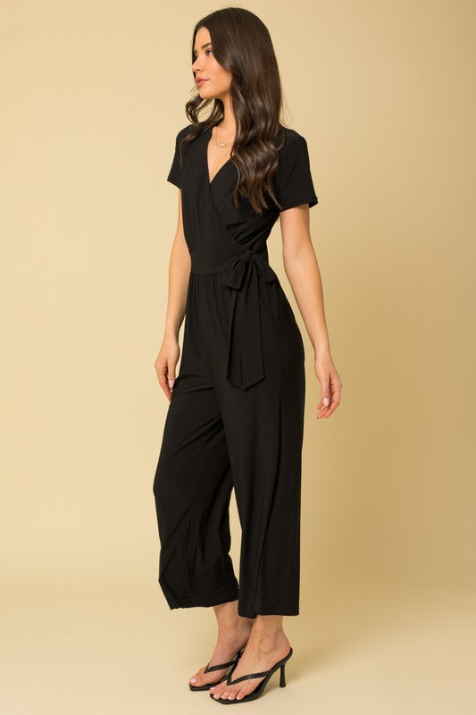 AVAH-Chic Noir Surplice Neck Cropped Jumpsuit-Black