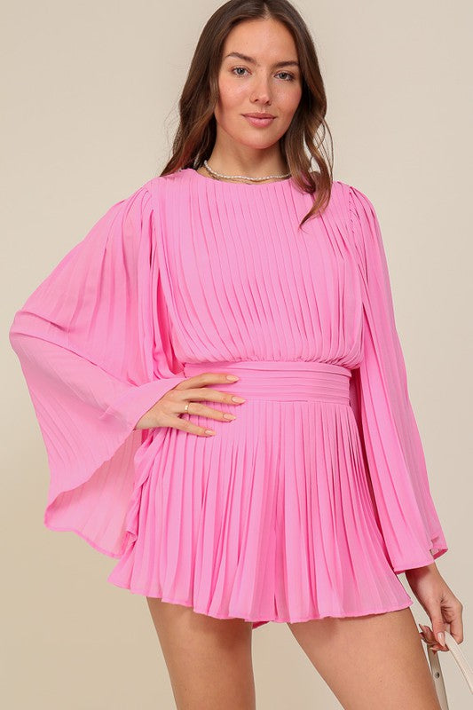 Dreamy Nights Pleated Long Sleeve Pink Romper-Avah Couture