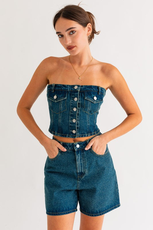 All Its Own Denim Tube Top-Blue-AVAH