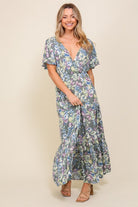 AVAH-Bella Vita V-Neck Floral Long Blue Dress