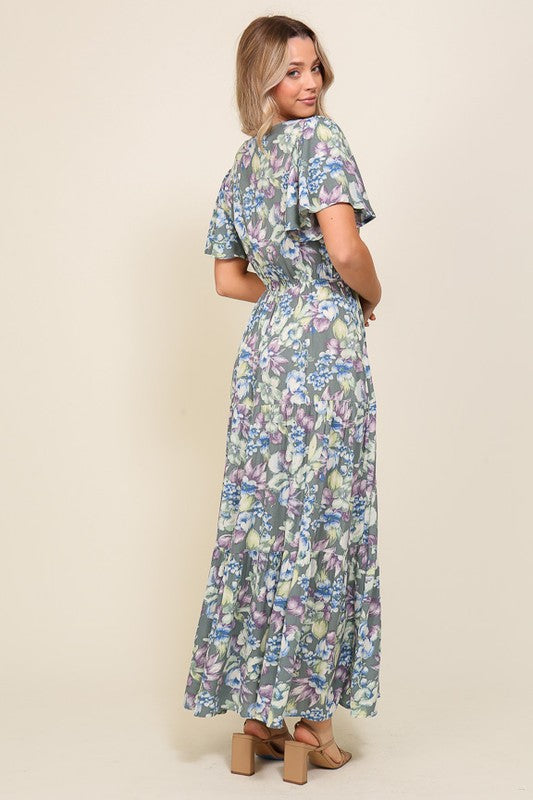 AVAH-Bella Vita V-Neck Floral Long Blue Dress