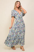 AVAH-Bella Vita V-Neck Floral Long Blue Dress