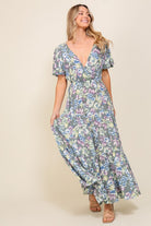 AVAH-Bella Vita V-Neck Floral Long Blue Dress