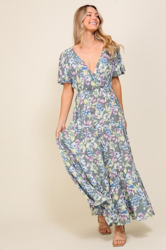 AVAH-Bella Vita V-Neck Floral Long Blue Dress