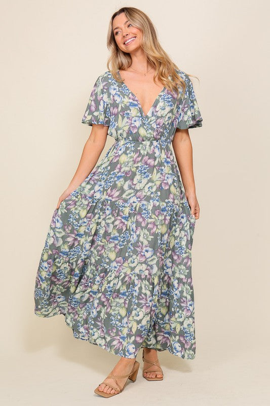 AVAH-Bella Vita V-Neck Floral Long Blue Dress