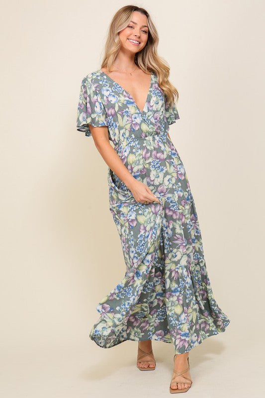 AVAH-Bella Vita V-Neck Floral Long Blue Dress