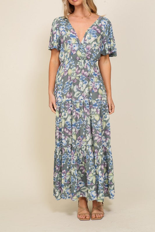 AVAH-Bella Vita V-Neck Floral Long Blue Dress