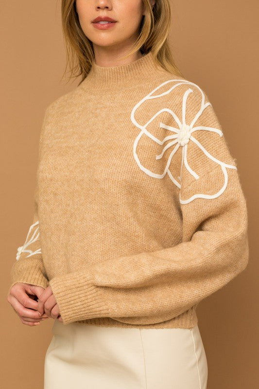 Fresh Cut Floral Mock Neck Sweater-Taupe-Ivory-Avah