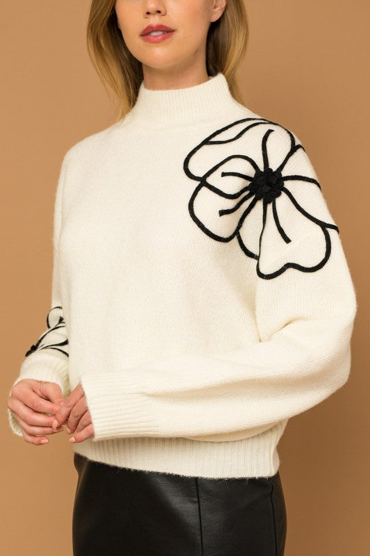 Fresh Cut Floral Mock Neck Sweater-Ivory-Black-Avah