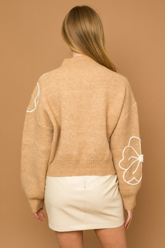 Fresh Cut Floral Mock Neck Sweater-Taupe-Ivory-Avah