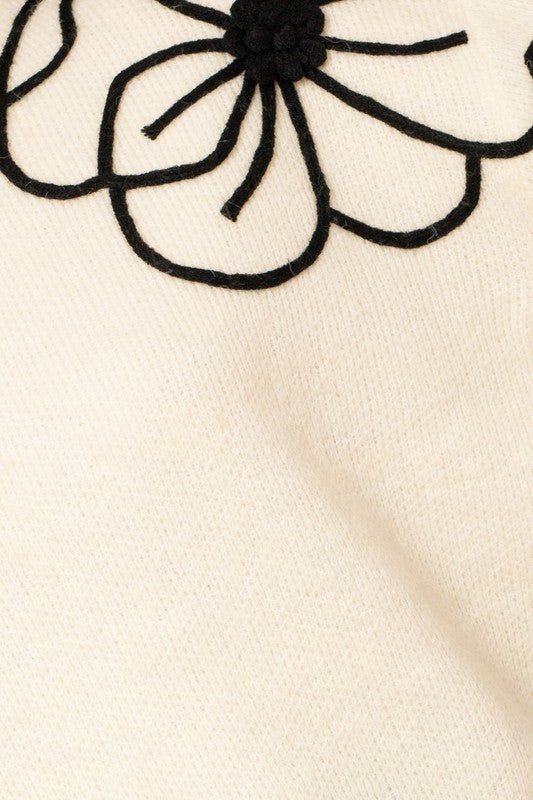Fresh Cut Floral Mock Neck Sweater-Ivory-Black-Avah
