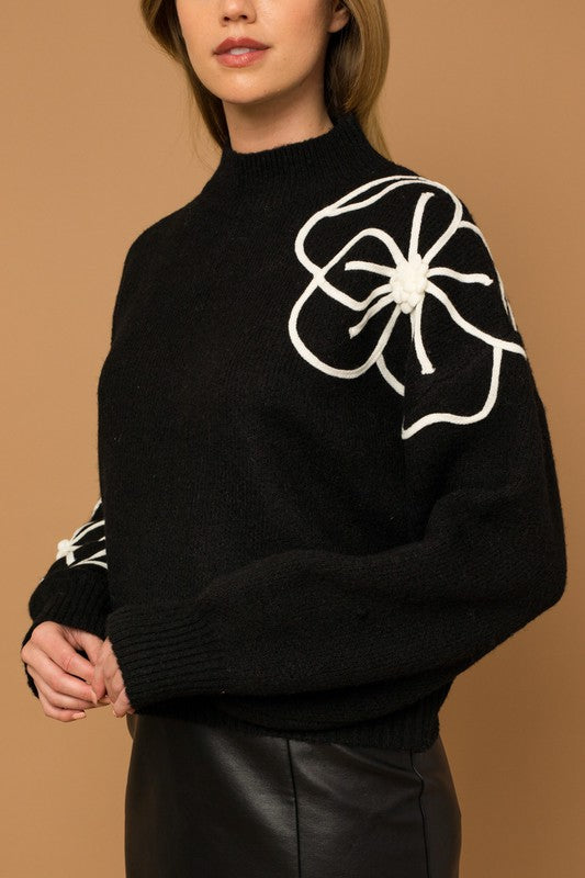 Fresh Cut Floral Mock Neck Sweater-Black-Ivory-Avah