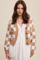 Gingham Bliss Long Sleeve Cropped Cardigan-Taupe-Avah