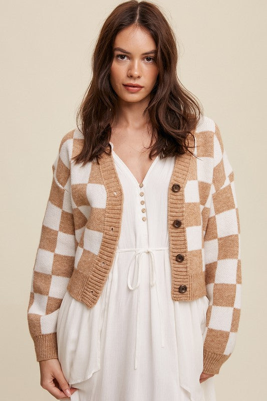 Gingham Bliss Long Sleeve Cropped Cardigan-Taupe-Avah