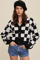 Gingham Bliss Long Sleeve Cropped Cardigan-Black-Avah