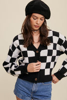 Gingham Bliss Long Sleeve Cropped Cardigan-Black-Avah