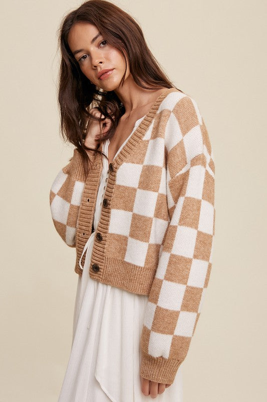 Gingham Bliss Long Sleeve Cropped Cardigan-Taupe-Avah