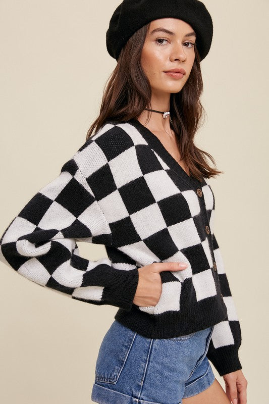 Gingham Bliss Long Sleeve Cropped Cardigan-Black-Avah