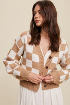 Gingham Bliss Long Sleeve Cropped Cardigan-Taupe-Avah