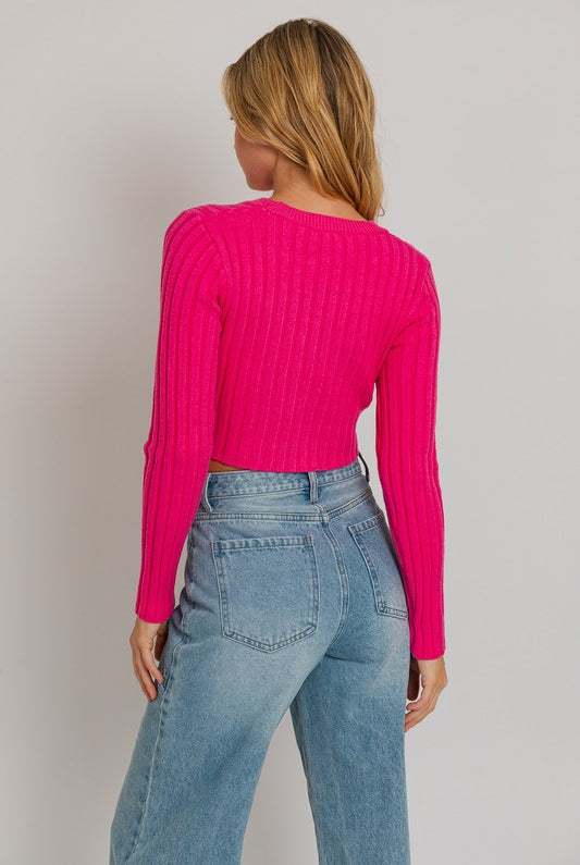 Adriana Knit Cropped Sweater Top-Fucshia Pink-Avah