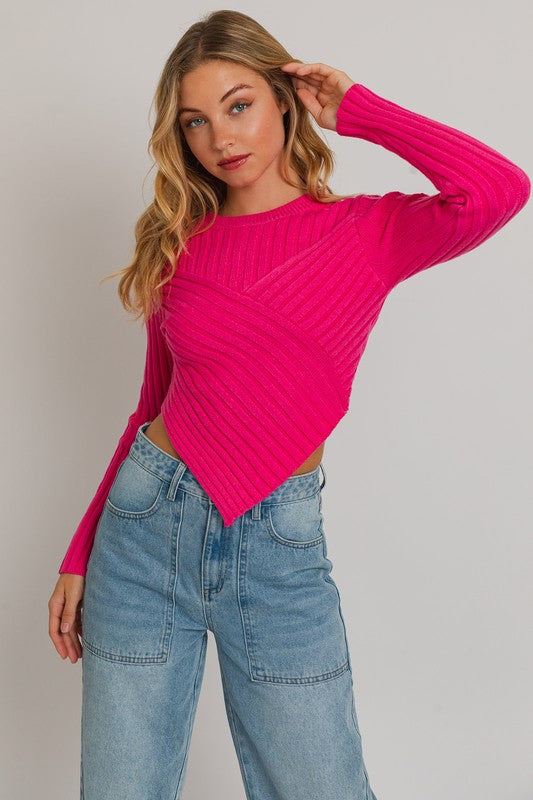 Adriana Knit Cropped Sweater Top-Fucshia Pink-Avah