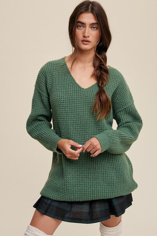 Luxe Lounge Ribbed V-Neck Sweater - Green-Avah