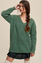 Luxe Lounge Ribbed V-Neck Sweater - Green-Avah