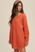 Luxe Lounge Ribbed V-Neck Sweater - Orange-Avah