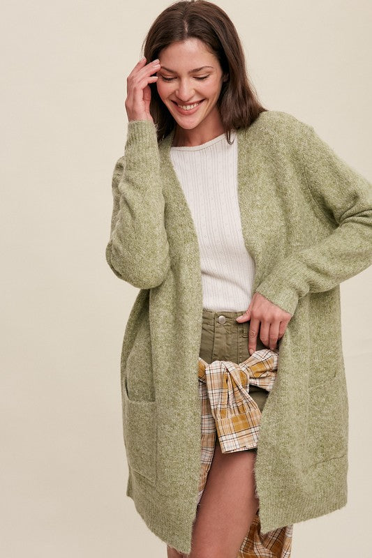 Today's News Two Pocket Open-Front Long Knit Cardigan - Olive Green-Avah