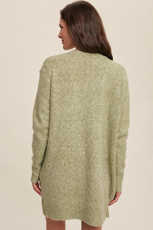 Today's News Two Pocket Open-Front Long Knit Cardigan - Olive Green-Avah