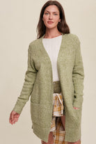 Today's News Two Pocket Open-Front Long Knit Cardigan - Olive Green-Avah