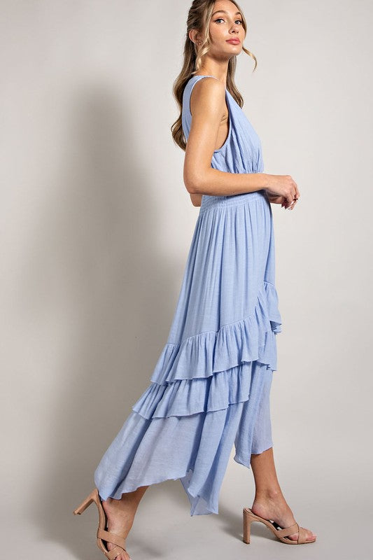 Faithful V-Neck Ruffled And Flowy Maxi Dress-Blue-Avah Couture