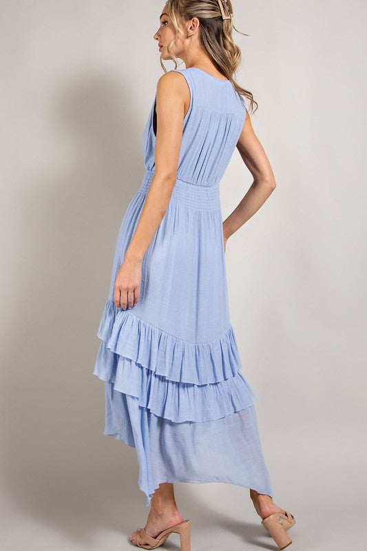 Faithful V-Neck Ruffled And Flowy Maxi Dress-Blue-Avah Couture