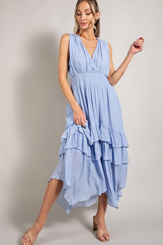 Faithful V-Neck Ruffled And Flowy Maxi Dress-Blue-Avah Couture