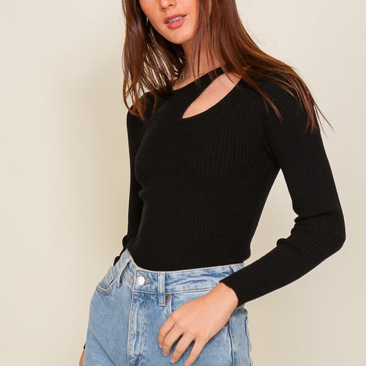Empower Me Long Sleeve Cutout Sweater Top-Black-Avah