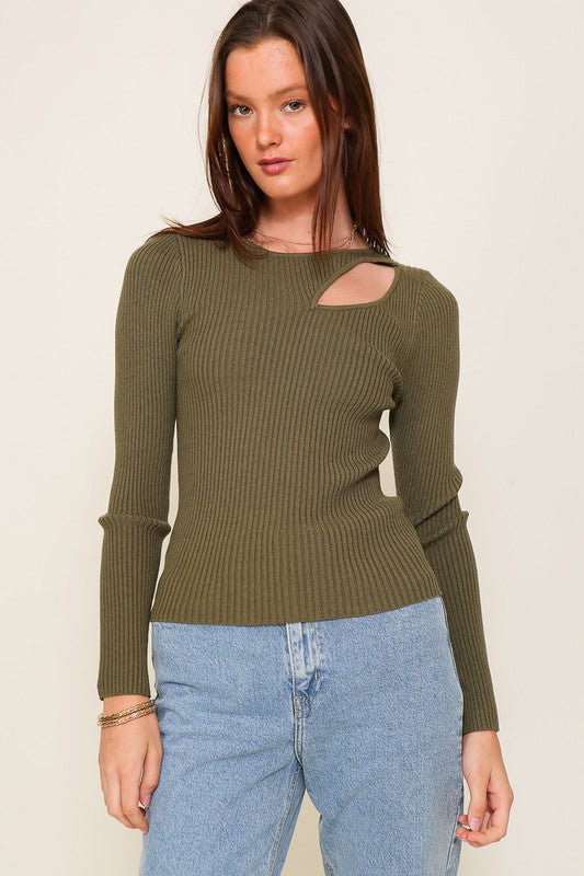 Empower Me Long Sleeve Cutout Sweater Top-Olive-Avah