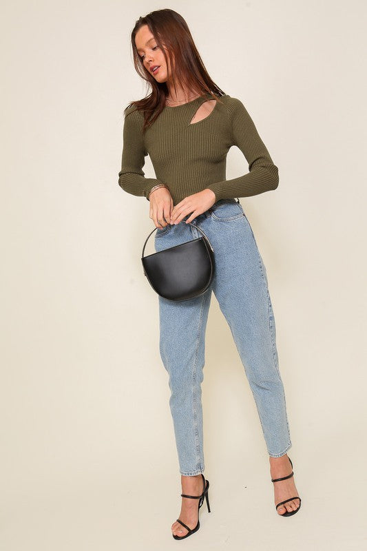 Empower Me Long Sleeve Cutout Sweater Top-Olive-Avah