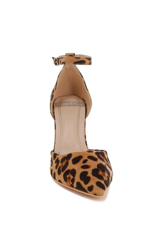 front view of leopard print pointed toe stiletto heel