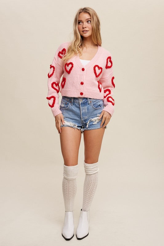 Heartfelt Embrace Knit Cropped Cardigan Sweater - Pink-Avah