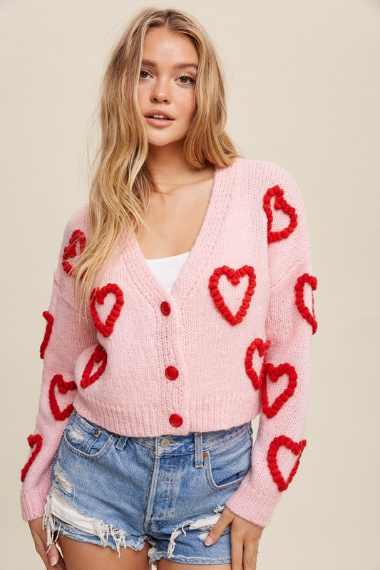Heartfelt Embrace Knit Cropped Cardigan Sweater - Pink-Avah