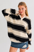 Striped Serenity Collared Oversized Sweater Top-Black and White-Avah