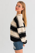 Striped Serenity Collared Oversized Sweater Top-Black and White-Avah